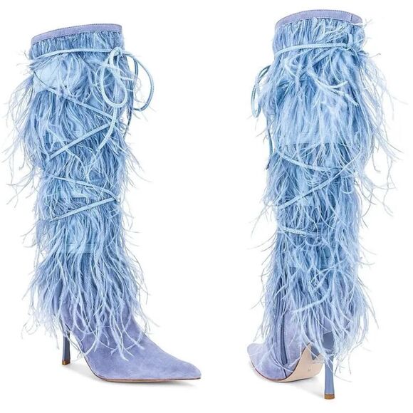 Jeffrey Campbell Shake Ya Boot Baby Blue Feather Leather Boots 7.5 - Picture 1 of 16